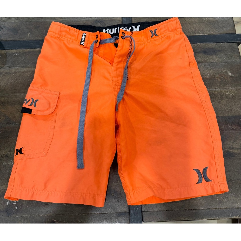 Hurley Boys Neon Orange Board Shorts Swim Trunks Cargo Pocket Size 7